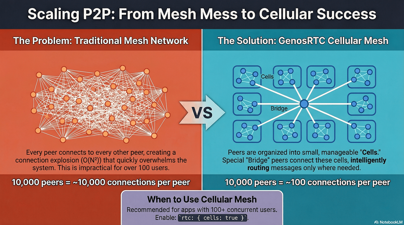 GenosDB Cellular Mesh: Solving P2P Network Scalability